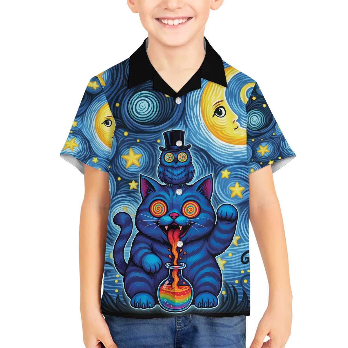 Trippy Cat and Owl Family Matching Off The Shoulder Long Sleeve Dress and Hawaiian Shirt Starry Psychedelic Vibes - Wonder Print Shop