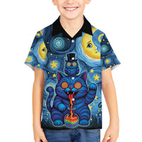 Trippy Cat and Owl Family Matching Off The Shoulder Long Sleeve Dress and Hawaiian Shirt Starry Psychedelic Vibes - Wonder Print Shop