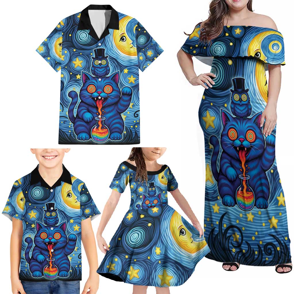 Trippy Cat and Owl Family Matching Off Shoulder Maxi Dress and Hawaiian Shirt Starry Psychedelic Vibes - Wonder Print Shop