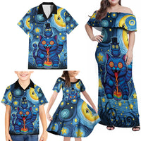 Trippy Cat and Owl Family Matching Off Shoulder Maxi Dress and Hawaiian Shirt Starry Psychedelic Vibes - Wonder Print Shop