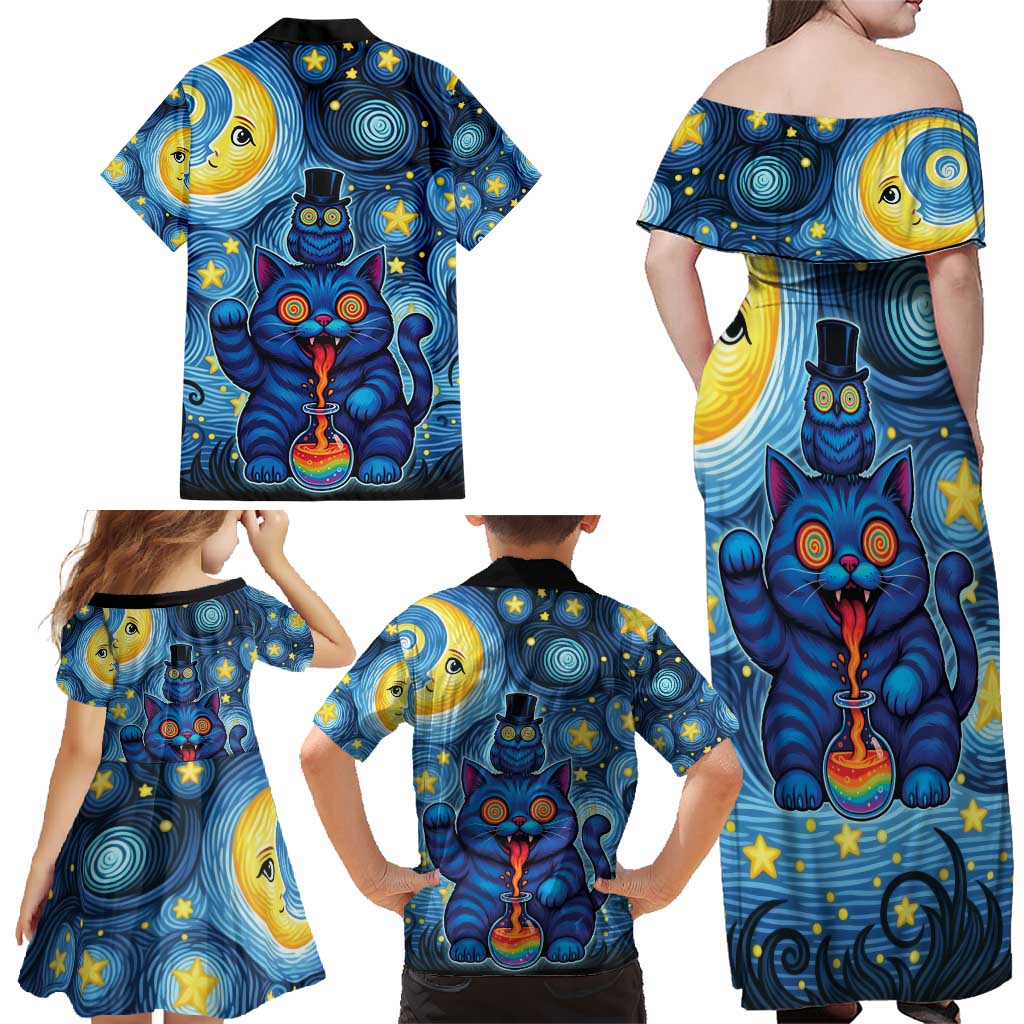 Trippy Cat and Owl Family Matching Off Shoulder Maxi Dress and Hawaiian Shirt Starry Psychedelic Vibes - Wonder Print Shop