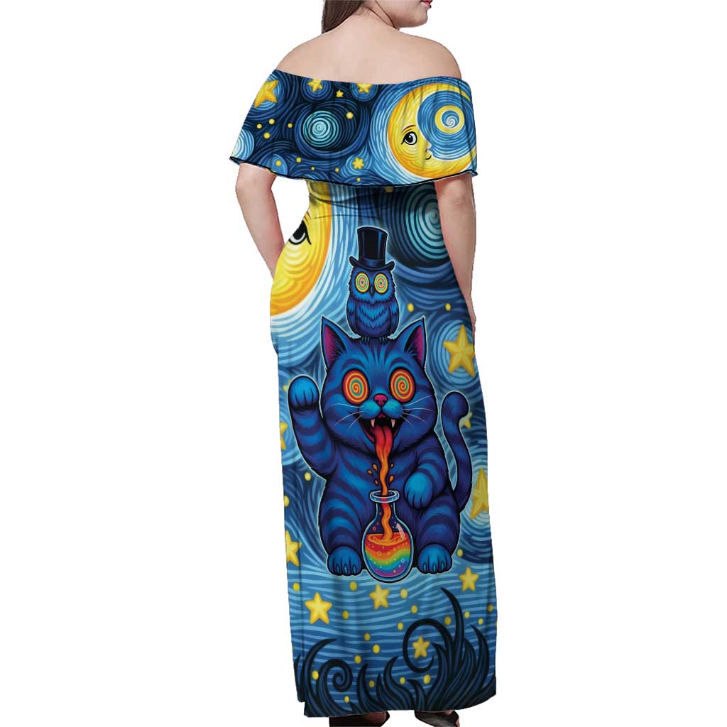 Trippy Cat and Owl Family Matching Off Shoulder Maxi Dress and Hawaiian Shirt Starry Psychedelic Vibes - Wonder Print Shop
