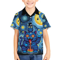 Trippy Cat and Owl Family Matching Off Shoulder Maxi Dress and Hawaiian Shirt Starry Psychedelic Vibes - Wonder Print Shop