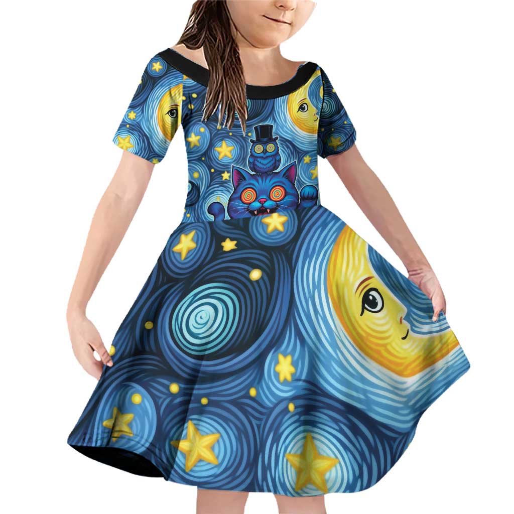 Trippy Cat and Owl Family Matching Off Shoulder Short Dress and Hawaiian Shirt Starry Psychedelic Vibes - Wonder Print Shop