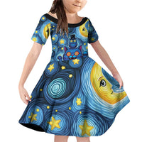 Trippy Cat and Owl Family Matching Off Shoulder Short Dress and Hawaiian Shirt Starry Psychedelic Vibes - Wonder Print Shop
