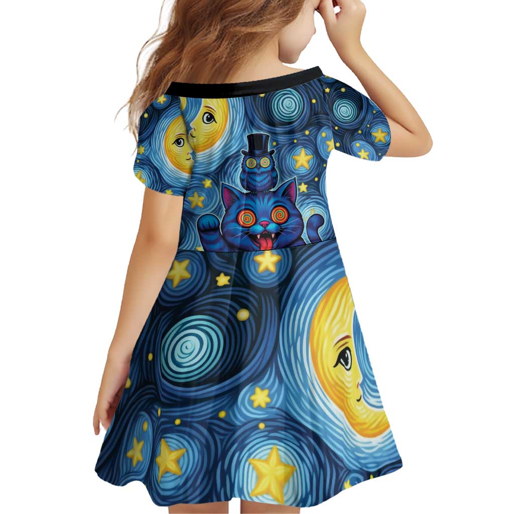 Trippy Cat and Owl Family Matching Off Shoulder Short Dress and Hawaiian Shirt Starry Psychedelic Vibes - Wonder Print Shop