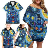 Trippy Cat and Owl Family Matching Off Shoulder Short Dress and Hawaiian Shirt Starry Psychedelic Vibes - Wonder Print Shop
