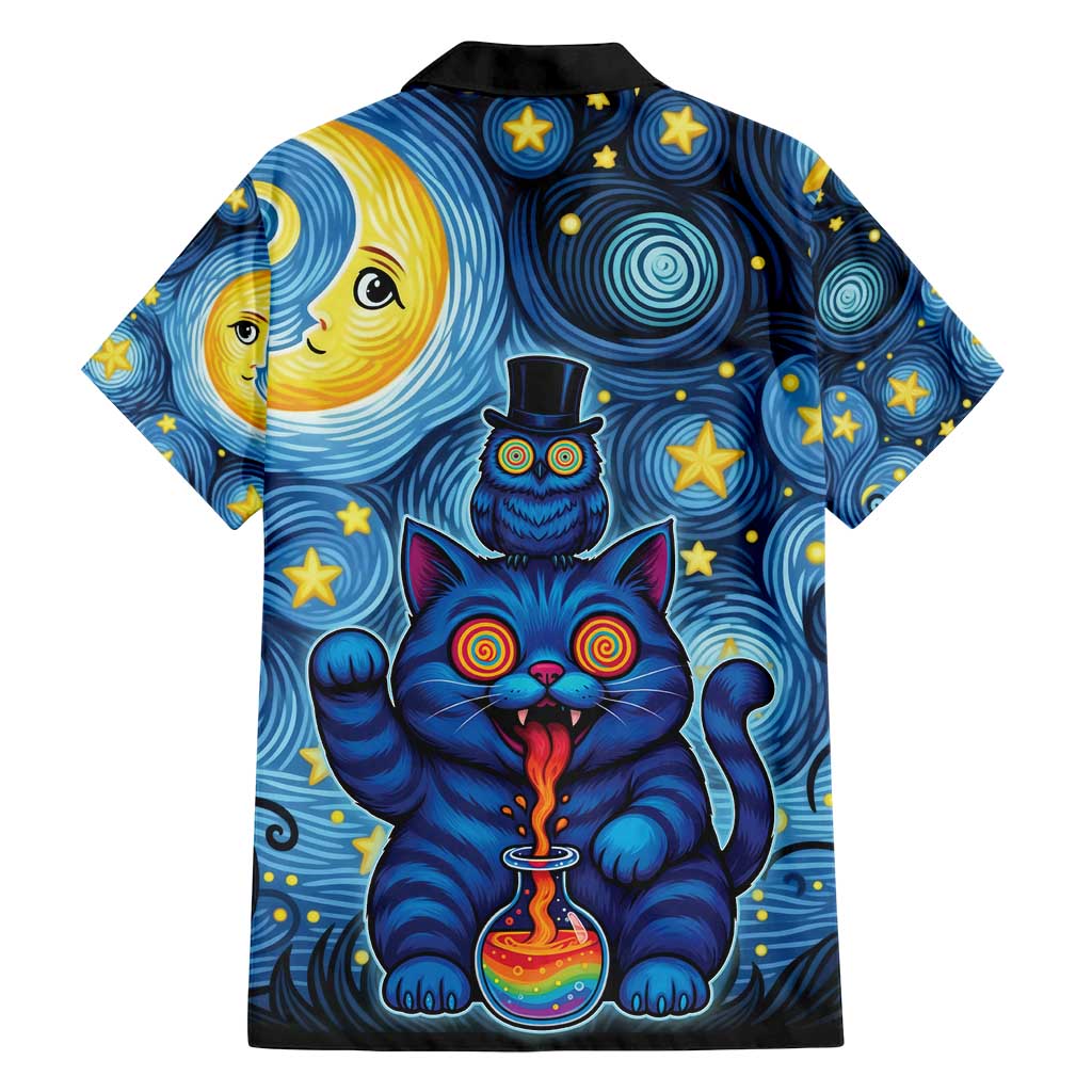 Trippy Cat and Owl Family Matching Off Shoulder Short Dress and Hawaiian Shirt Starry Psychedelic Vibes - Wonder Print Shop