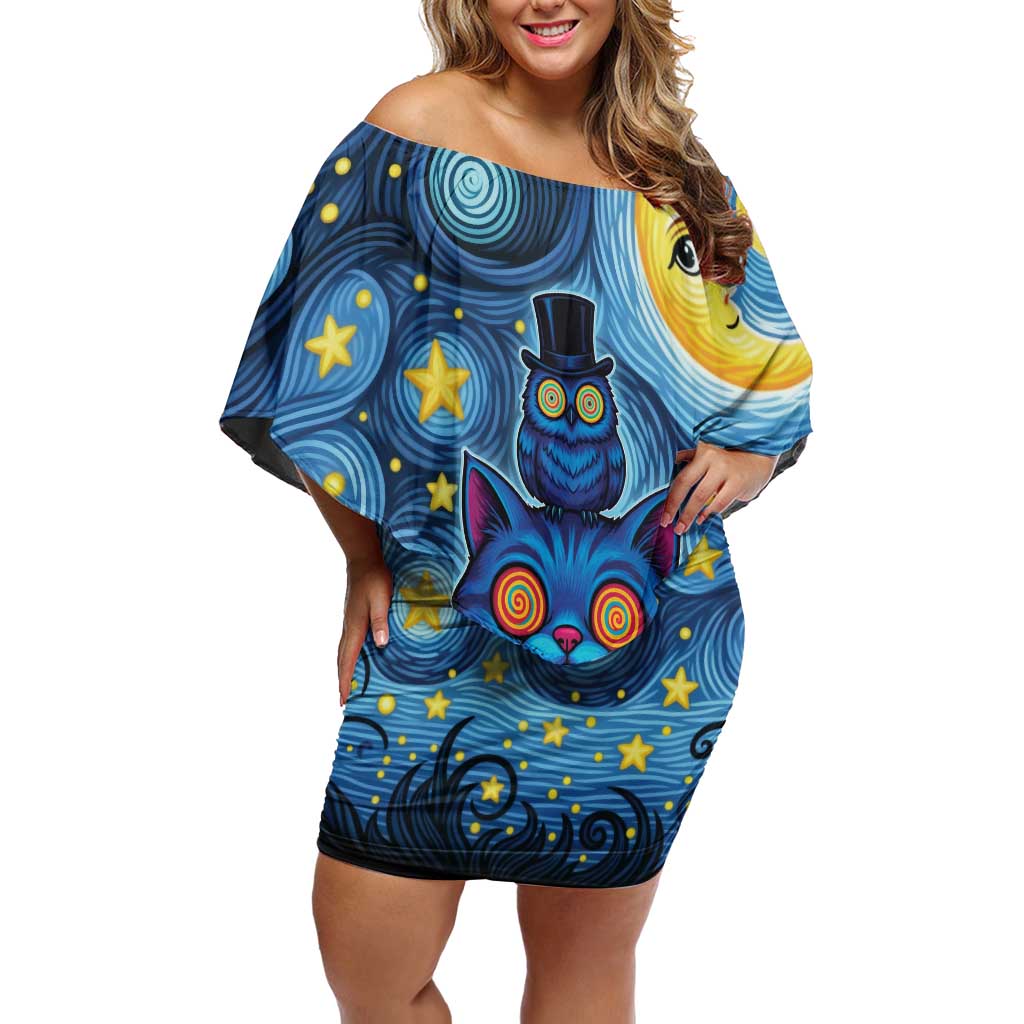 Trippy Cat and Owl Family Matching Off Shoulder Short Dress and Hawaiian Shirt Starry Psychedelic Vibes - Wonder Print Shop
