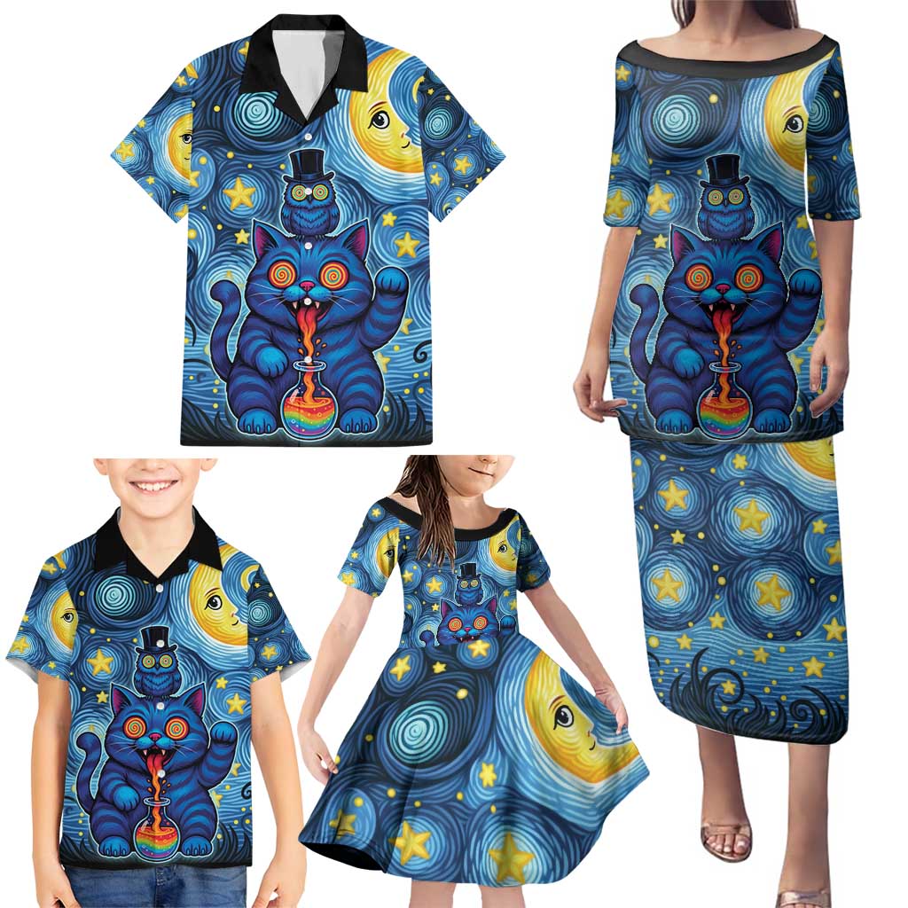 Trippy Cat and Owl Family Matching Puletasi and Hawaiian Shirt Starry Psychedelic Vibes - Wonder Print Shop