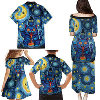 Trippy Cat and Owl Family Matching Puletasi and Hawaiian Shirt Starry Psychedelic Vibes - Wonder Print Shop