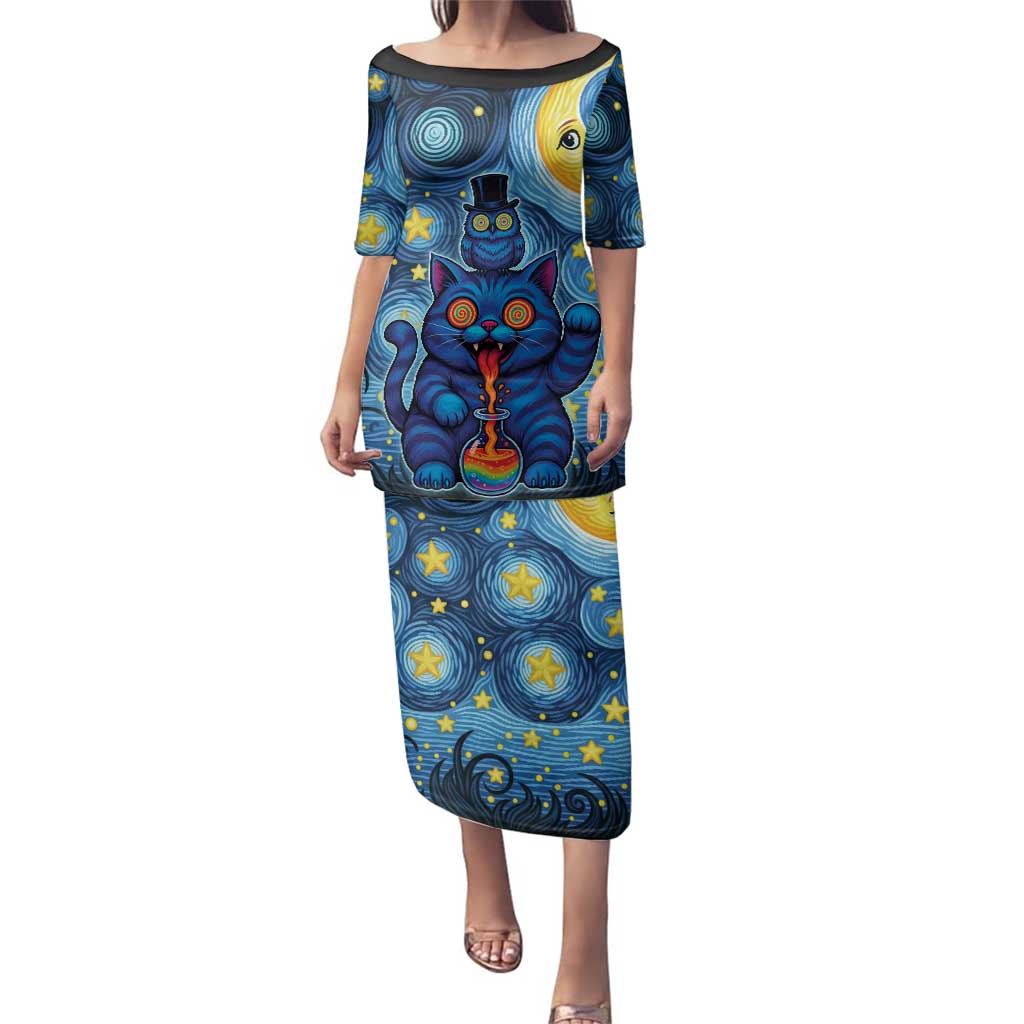 Trippy Cat and Owl Family Matching Puletasi and Hawaiian Shirt Starry Psychedelic Vibes - Wonder Print Shop