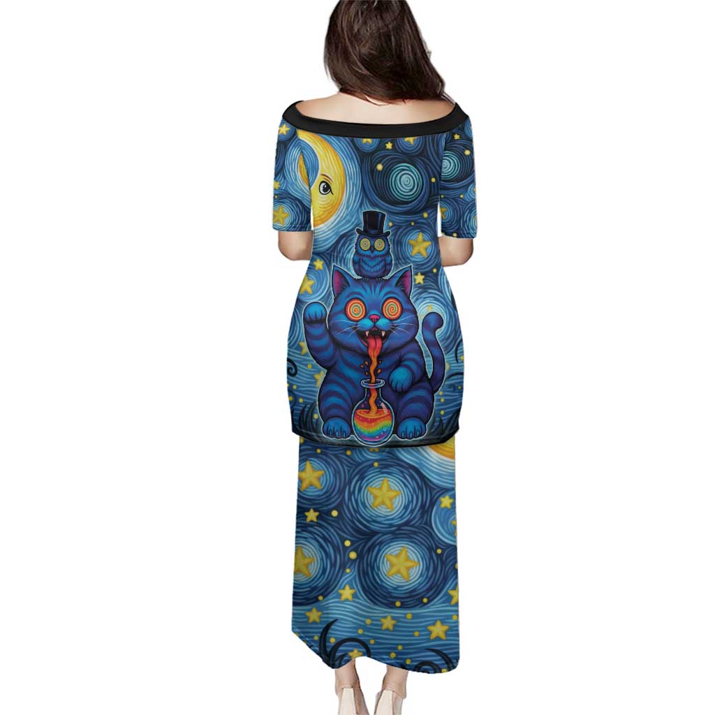 Trippy Cat and Owl Family Matching Puletasi and Hawaiian Shirt Starry Psychedelic Vibes - Wonder Print Shop