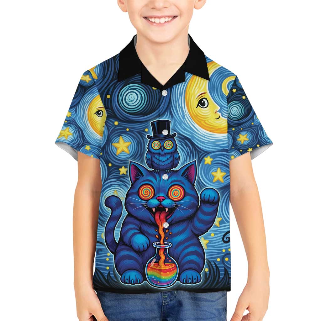 Trippy Cat and Owl Family Matching Puletasi and Hawaiian Shirt Starry Psychedelic Vibes - Wonder Print Shop