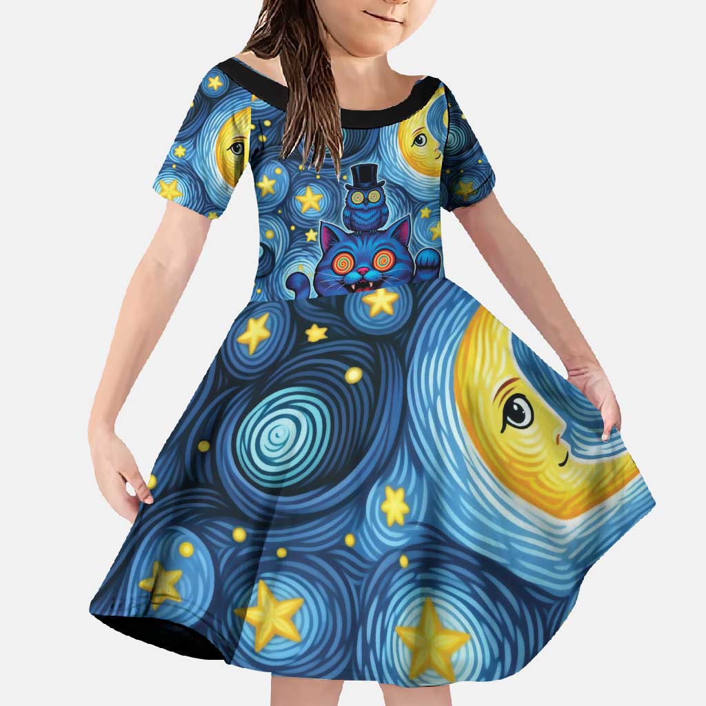 Trippy Cat and Owl Family Matching Short Sleeve Bodycon Dress and Hawaiian Shirt Starry Psychedelic Vibes - Wonder Print Shop