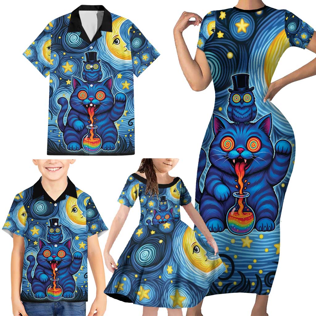 Trippy Cat and Owl Family Matching Short Sleeve Bodycon Dress and Hawaiian Shirt Starry Psychedelic Vibes - Wonder Print Shop