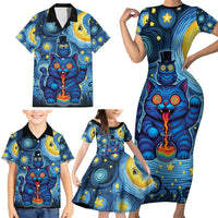 Trippy Cat and Owl Family Matching Short Sleeve Bodycon Dress and Hawaiian Shirt Starry Psychedelic Vibes - Wonder Print Shop