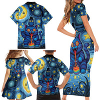 Trippy Cat and Owl Family Matching Short Sleeve Bodycon Dress and Hawaiian Shirt Starry Psychedelic Vibes - Wonder Print Shop