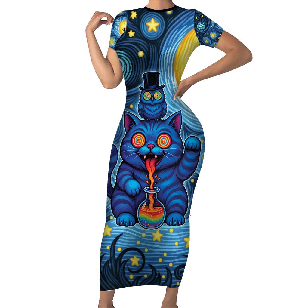 Trippy Cat and Owl Family Matching Short Sleeve Bodycon Dress and Hawaiian Shirt Starry Psychedelic Vibes - Wonder Print Shop