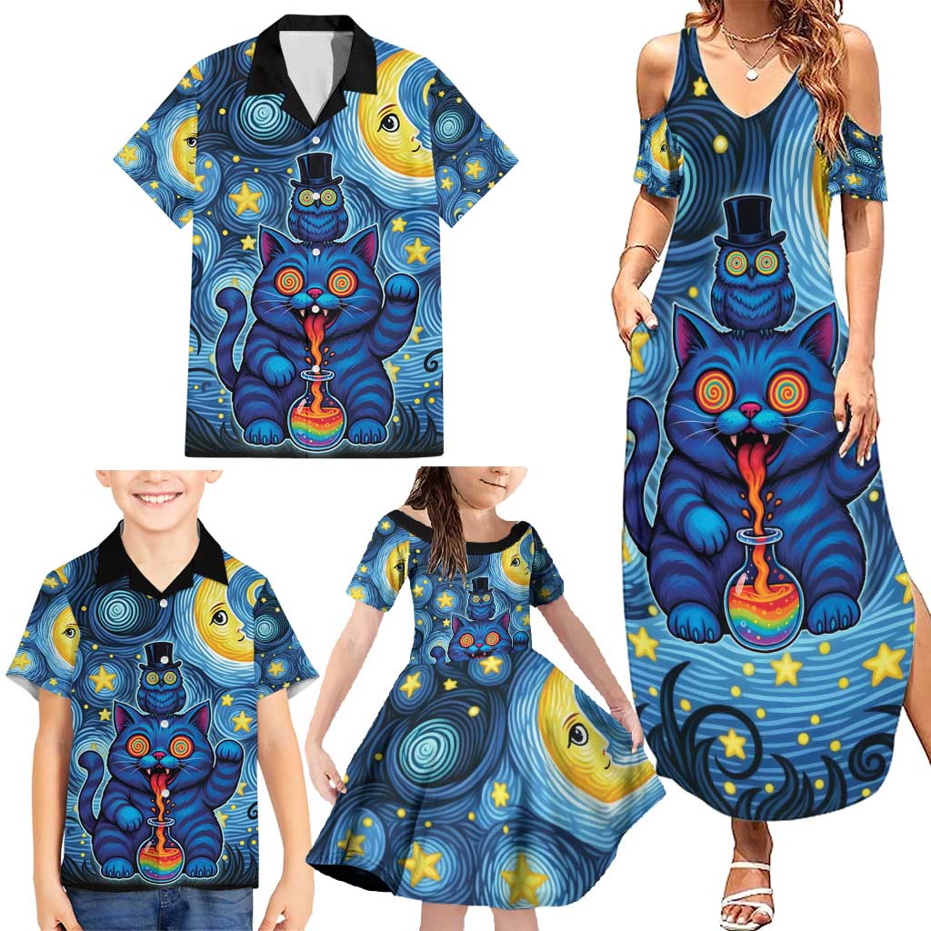 Trippy Cat and Owl Family Matching Summer Maxi Dress and Hawaiian Shirt Starry Psychedelic Vibes - Wonder Print Shop