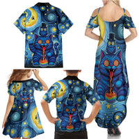 Trippy Cat and Owl Family Matching Summer Maxi Dress and Hawaiian Shirt Starry Psychedelic Vibes - Wonder Print Shop