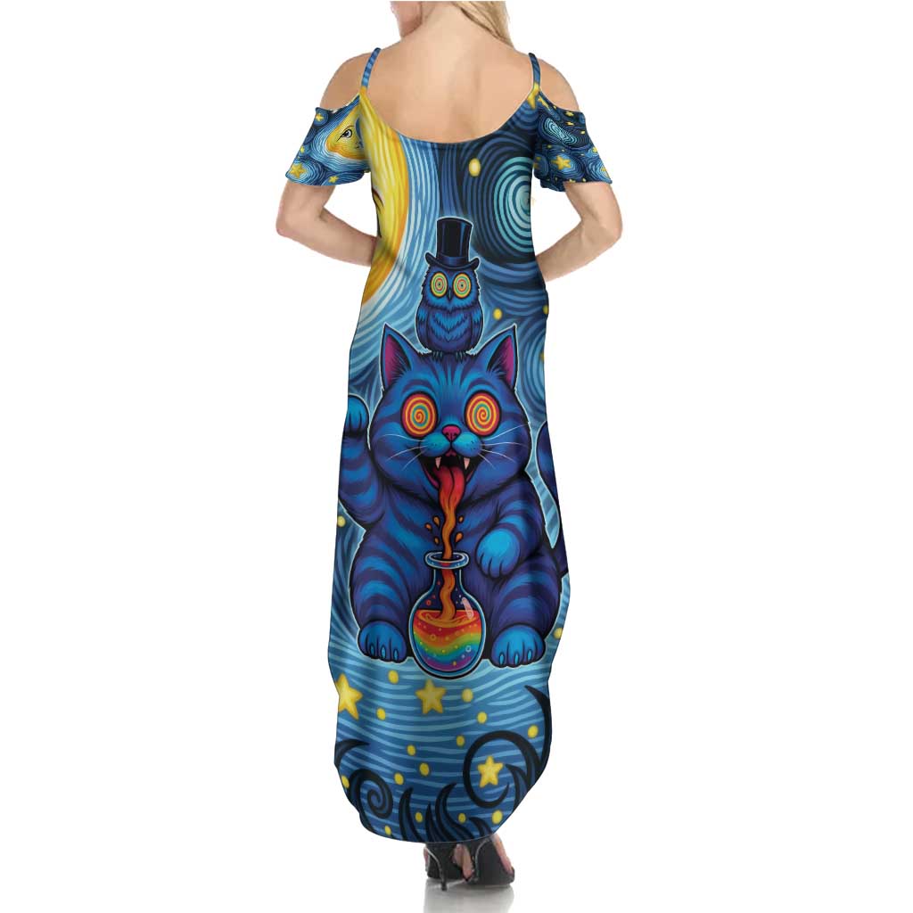 Trippy Cat and Owl Family Matching Summer Maxi Dress and Hawaiian Shirt Starry Psychedelic Vibes - Wonder Print Shop