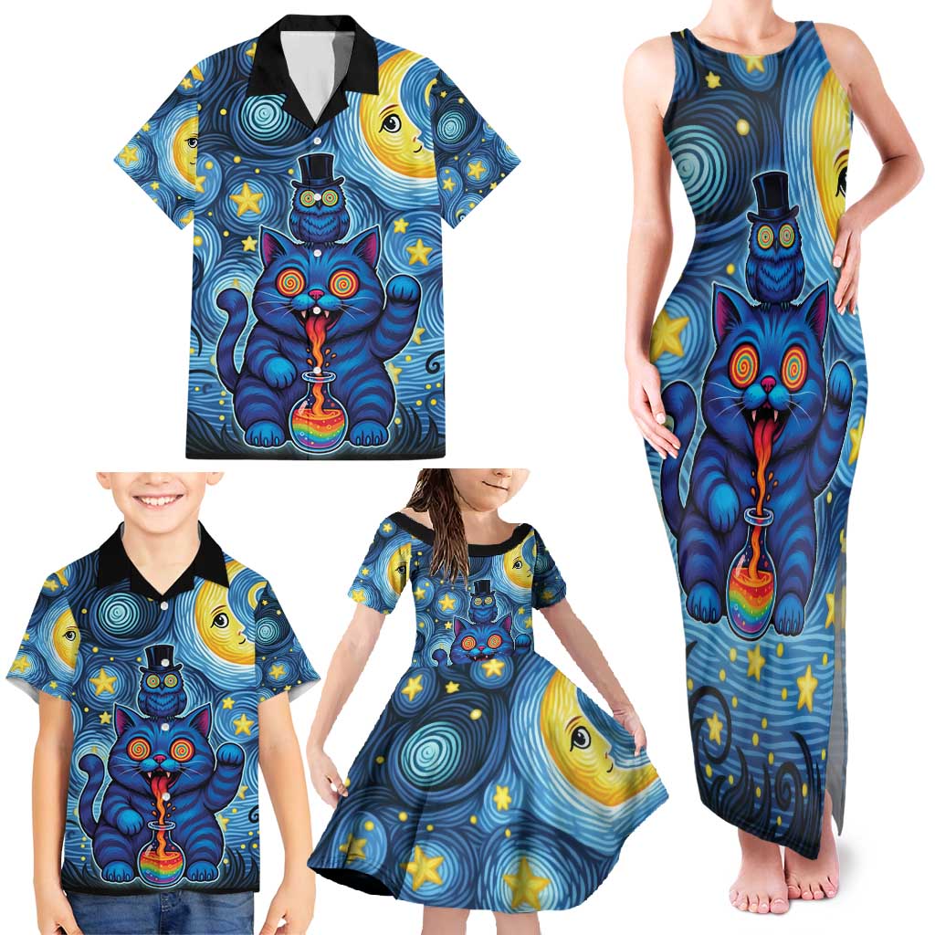 Trippy Cat and Owl Family Matching Tank Maxi Dress and Hawaiian Shirt Starry Psychedelic Vibes - Wonder Print Shop