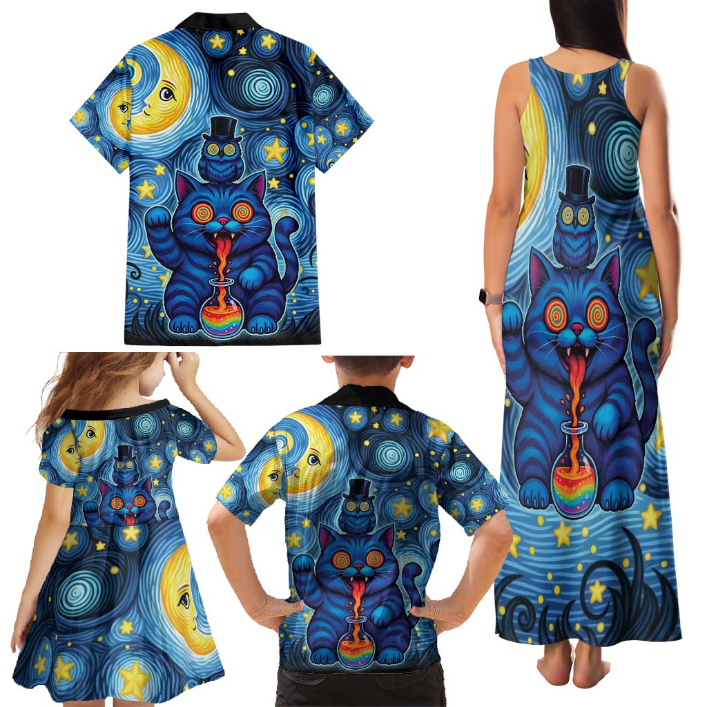 Trippy Cat and Owl Family Matching Tank Maxi Dress and Hawaiian Shirt Starry Psychedelic Vibes - Wonder Print Shop
