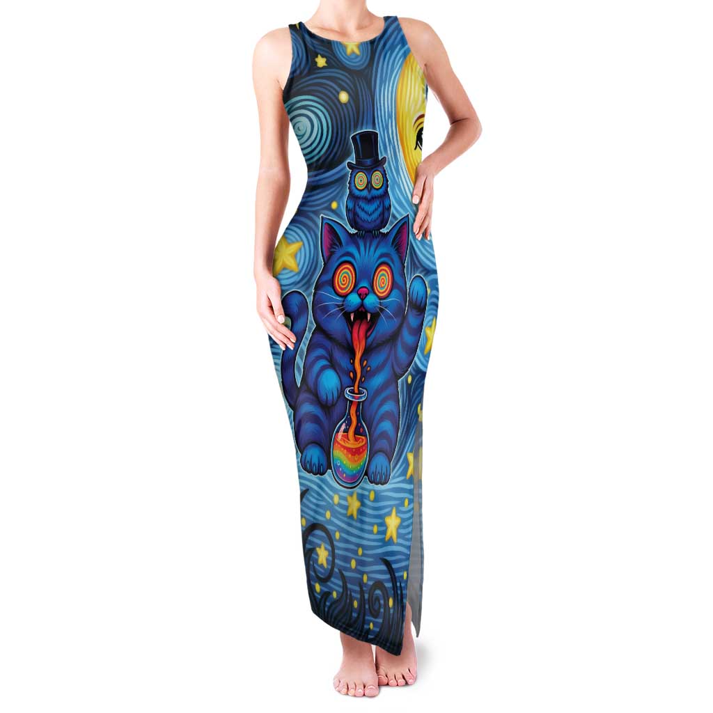 Trippy Cat and Owl Family Matching Tank Maxi Dress and Hawaiian Shirt Starry Psychedelic Vibes - Wonder Print Shop