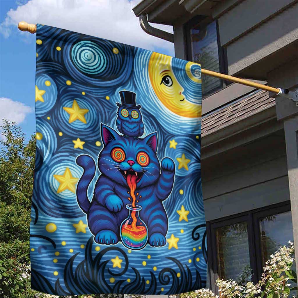 Trippy Cat and Owl Garden Flag Starry Psychedelic Vibes - Wonder Print Shop