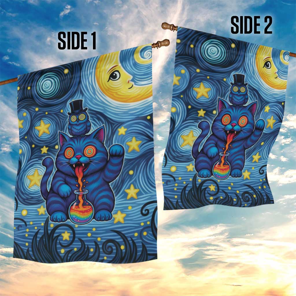 Trippy Cat and Owl Garden Flag Starry Psychedelic Vibes - Wonder Print Shop