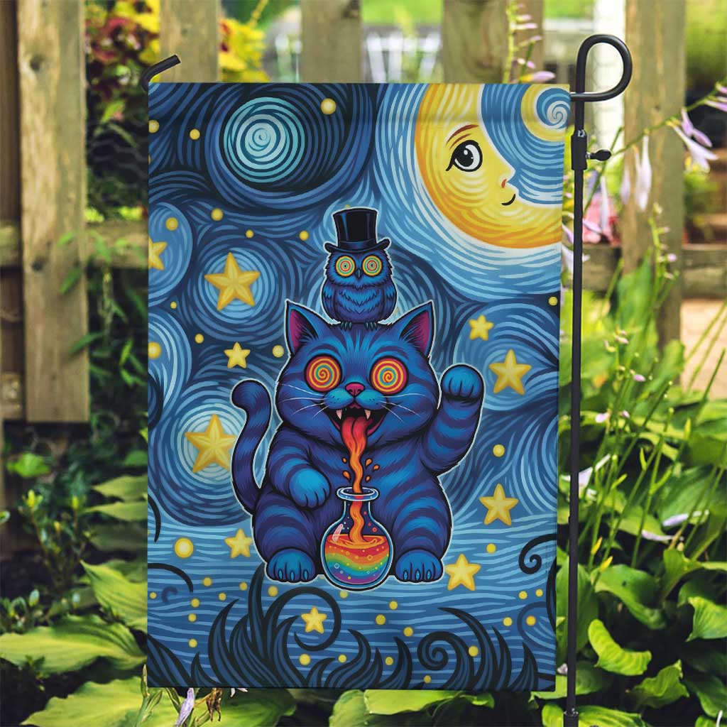 Trippy Cat and Owl Garden Flag Starry Psychedelic Vibes - Wonder Print Shop
