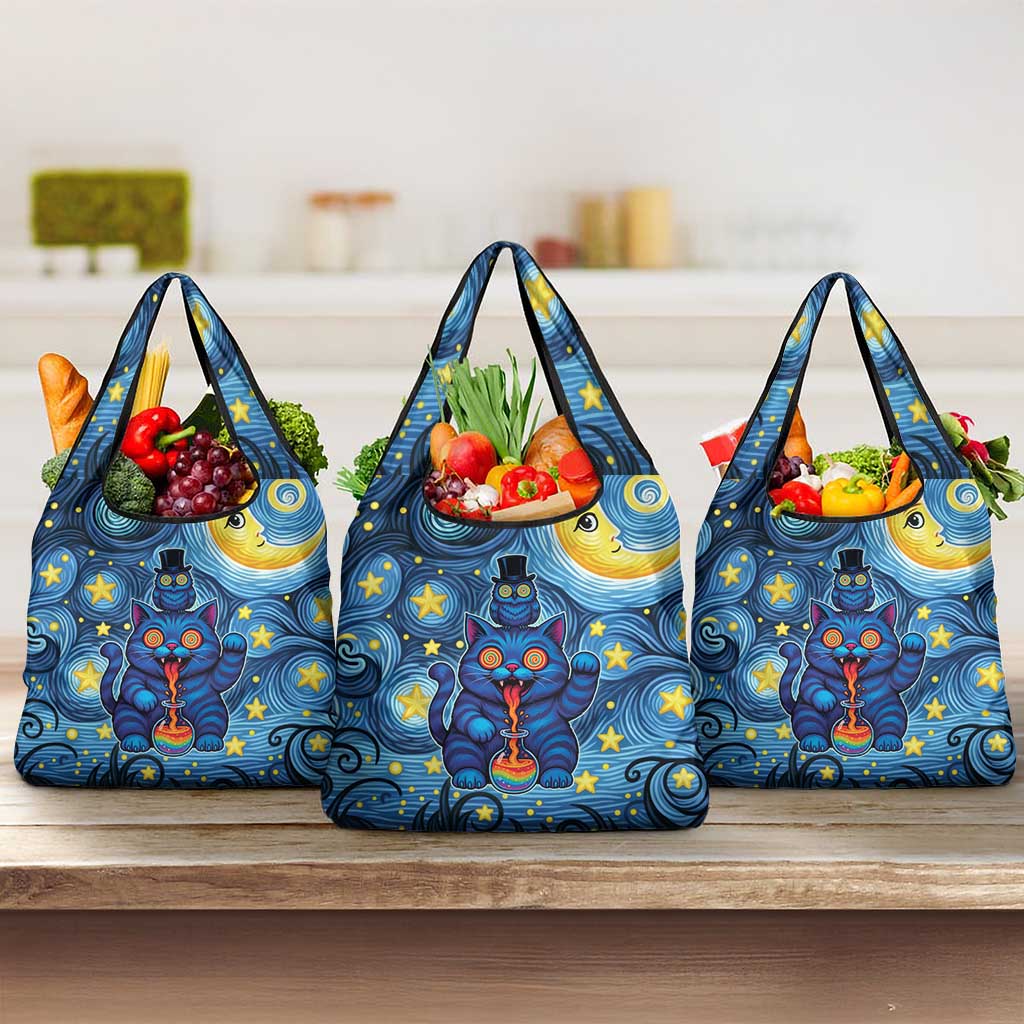 Trippy Cat and Owl Grocery Bag Starry Psychedelic Vibes - Wonder Print Shop