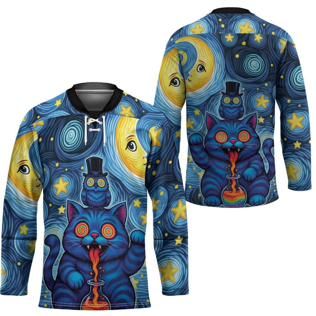 Trippy Cat and Owl Hockey Jersey Starry Psychedelic Vibes - Wonder Print Shop