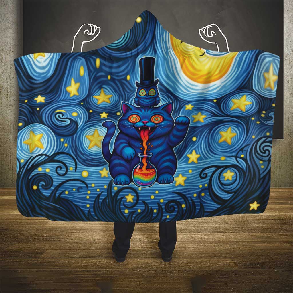 Trippy Cat and Owl Hooded Blanket Starry Psychedelic Vibes - Wonder Print Shop