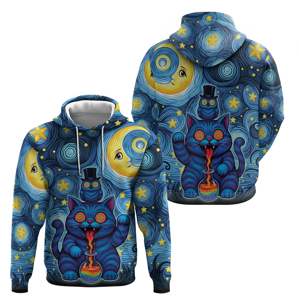 Trippy Cat and Owl Hoodie Starry Psychedelic Vibes - Wonder Print Shop