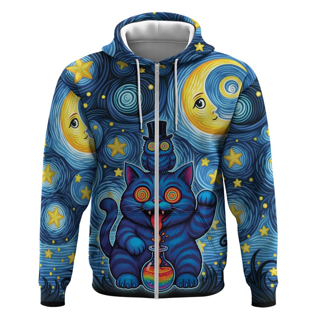 Trippy Cat and Owl Hoodie Starry Psychedelic Vibes - Wonder Print Shop