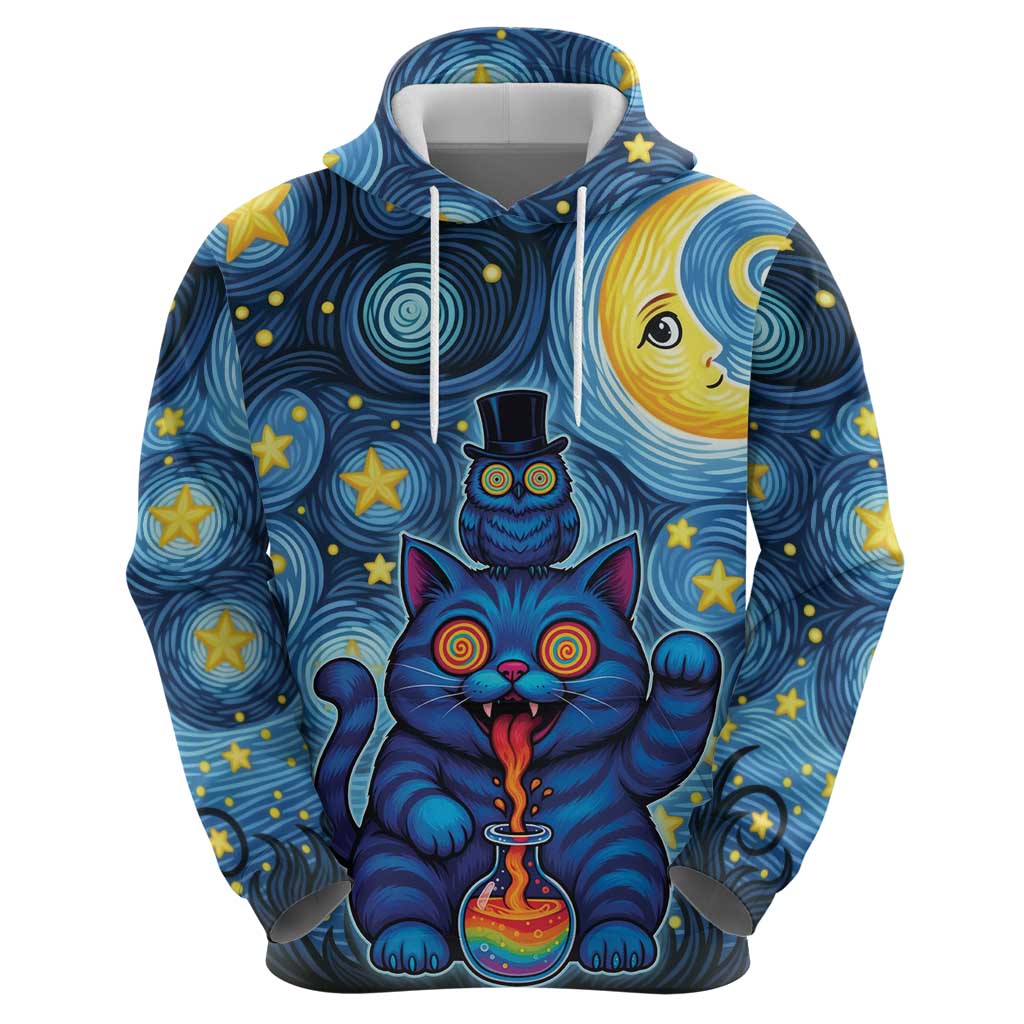 Trippy Cat and Owl Hoodie Starry Psychedelic Vibes - Wonder Print Shop