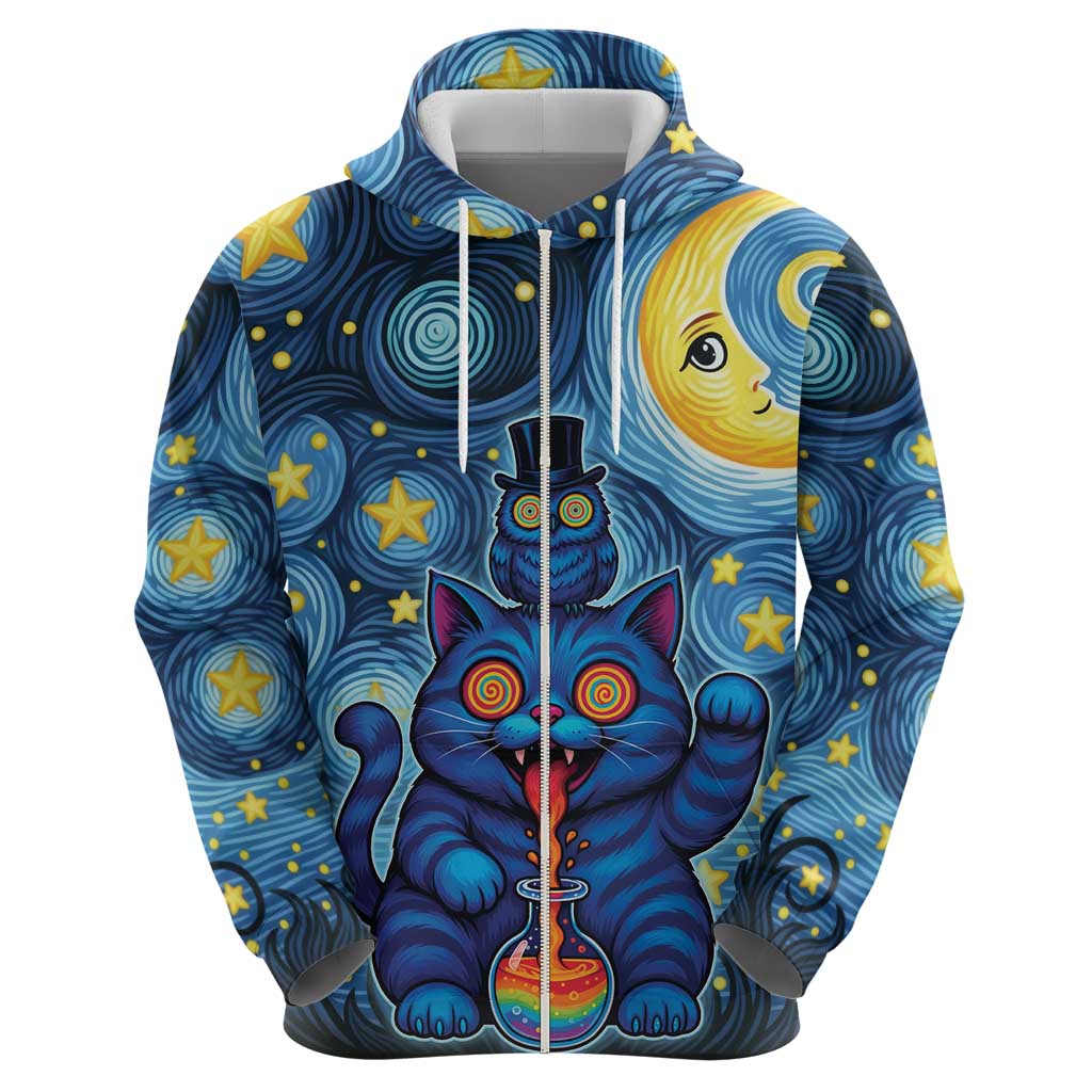 Trippy Cat and Owl Hoodie Starry Psychedelic Vibes - Wonder Print Shop