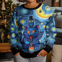 Trippy Cat and Owl Kid Ugly Christmas Sweater Starry Psychedelic Vibes - Wonder Print Shop