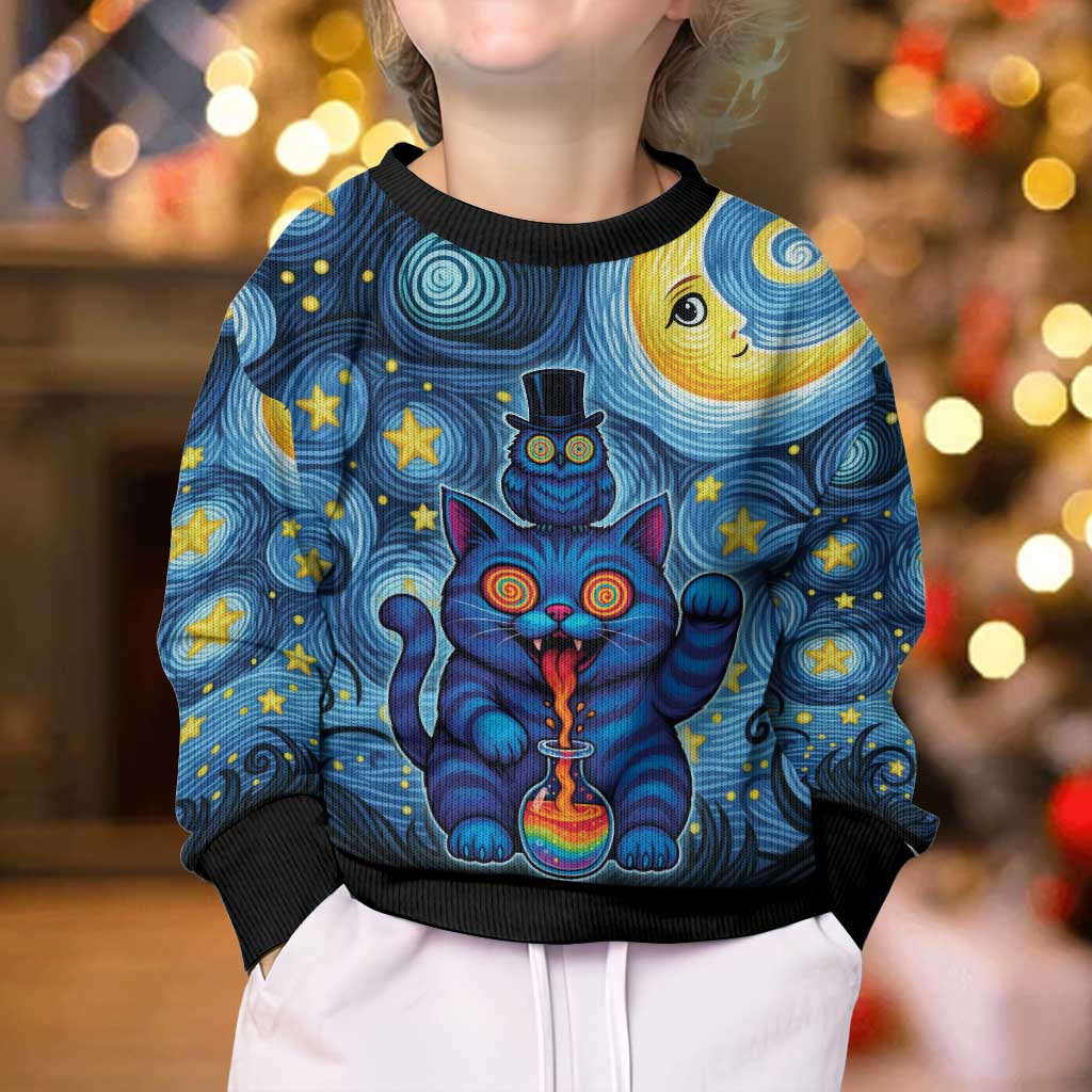 Trippy Cat and Owl Kid Ugly Christmas Sweater Starry Psychedelic Vibes - Wonder Print Shop
