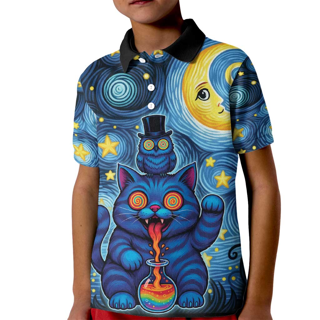 Trippy Cat and Owl Kid Polo Shirt Starry Psychedelic Vibes - Wonder Print Shop