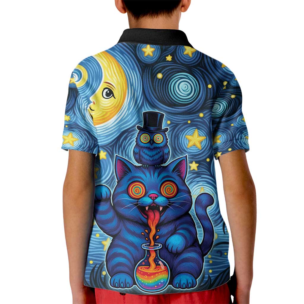Trippy Cat and Owl Kid Polo Shirt Starry Psychedelic Vibes - Wonder Print Shop
