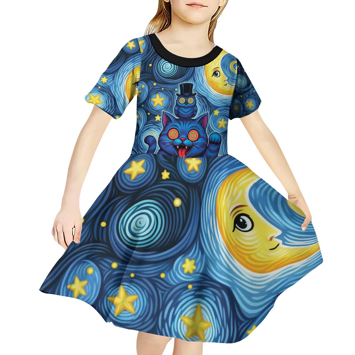 Trippy Cat and Owl Kid Short Sleeve Dress Starry Psychedelic Vibes - Wonder Print Shop