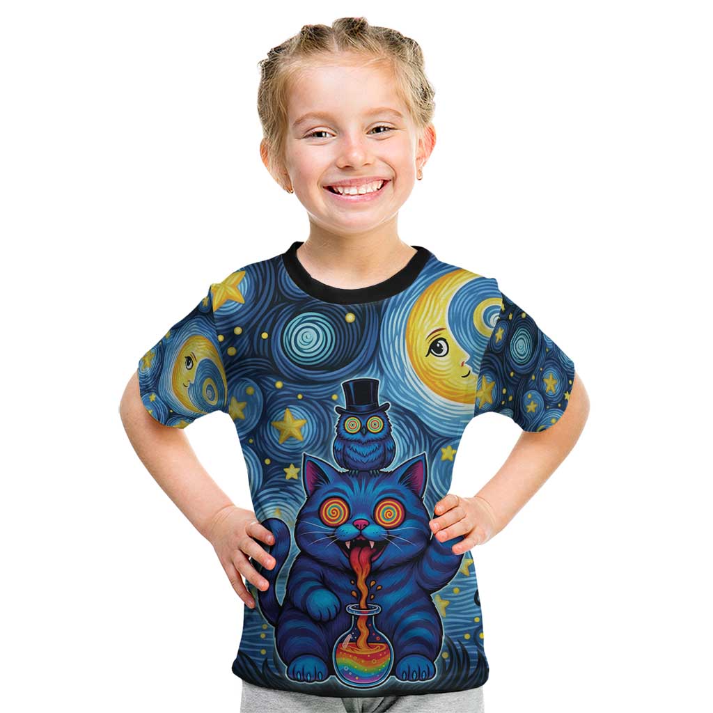 Trippy Cat and Owl Kid T Shirt Starry Psychedelic Vibes - Wonder Print Shop