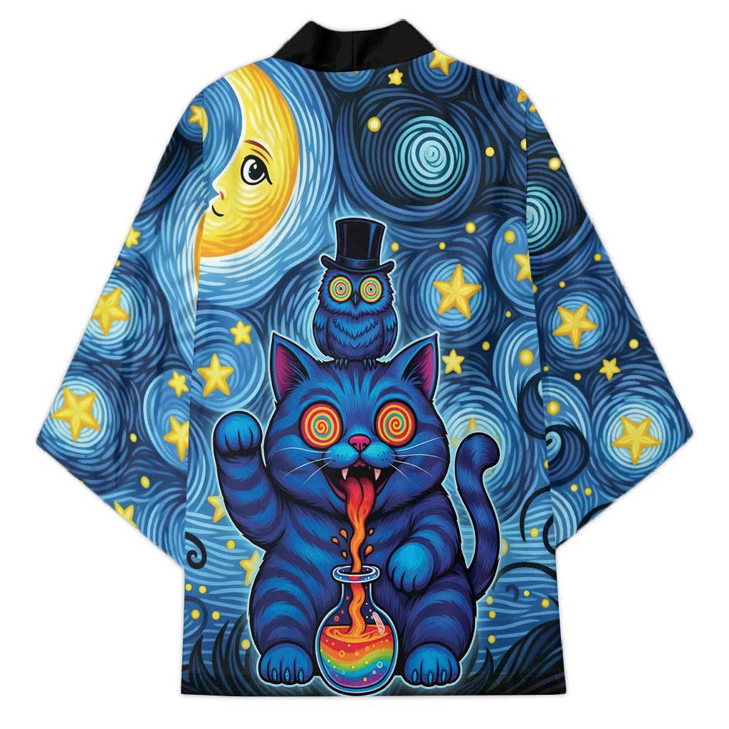 Trippy Cat and Owl Kimono Starry Psychedelic Vibes - Wonder Print Shop