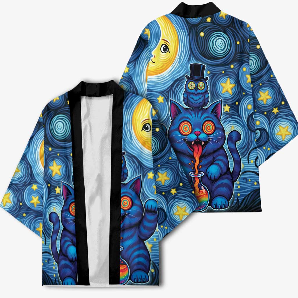 Trippy Cat and Owl Kimono Starry Psychedelic Vibes - Wonder Print Shop