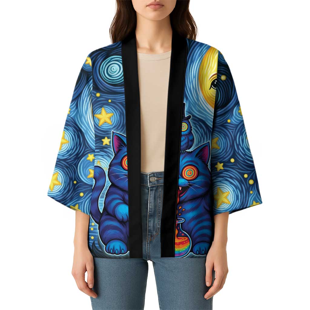 Trippy Cat and Owl Kimono Starry Psychedelic Vibes - Wonder Print Shop
