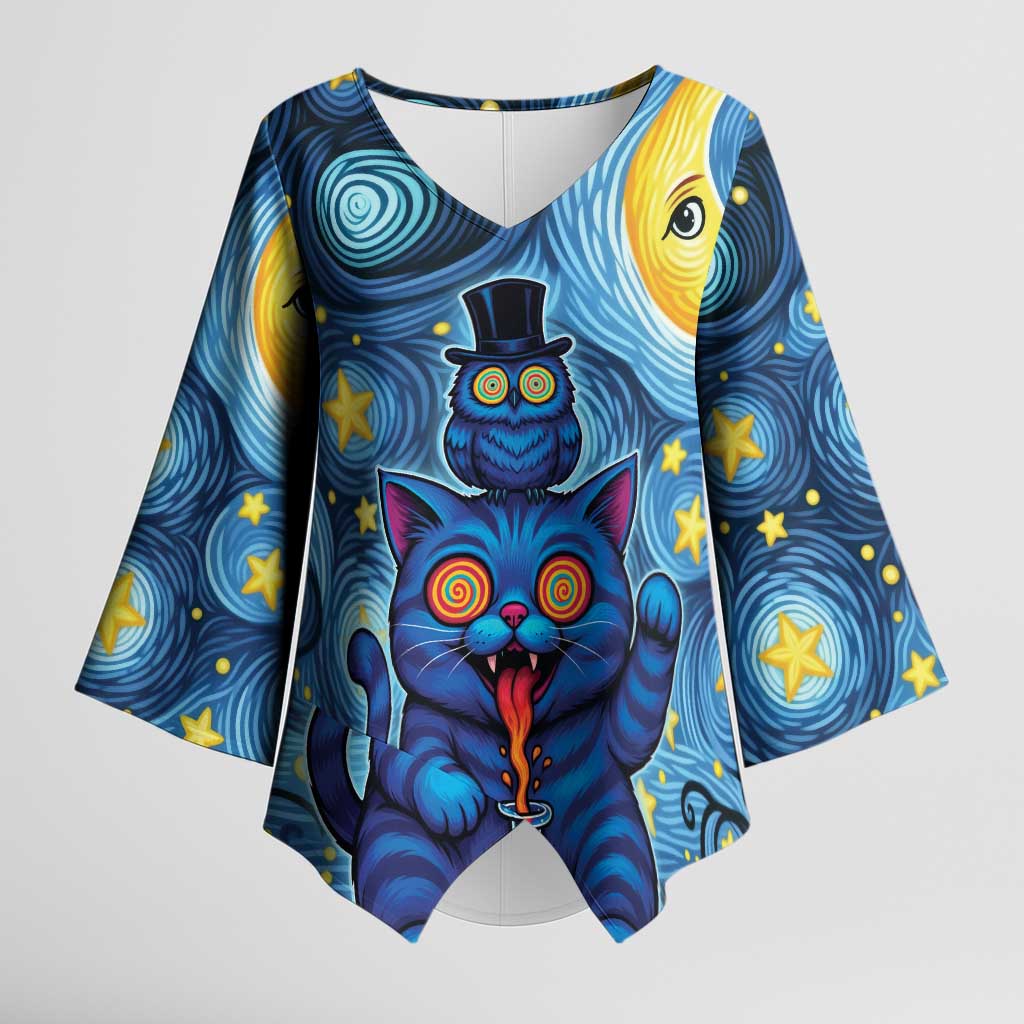 Trippy Cat and Owl Kimono Sleeve Blouse Starry Psychedelic Vibes - Wonder Print Shop