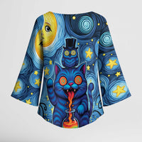 Trippy Cat and Owl Kimono Sleeve Blouse Starry Psychedelic Vibes - Wonder Print Shop